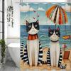 Cute Cat Ocean Beach Umbrella Shower Curtain, Bathroom Decorative Shower Curtain, Waterproof Shower Curtain with Hooks