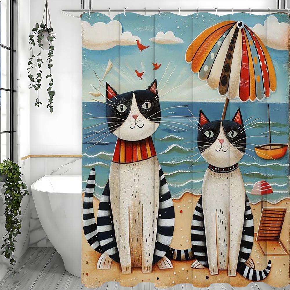 Cute Cat Ocean Beach Umbrella Shower Curtain, Bathroom Decorative Shower Curtain, Waterproof Shower Curtain with Hooks