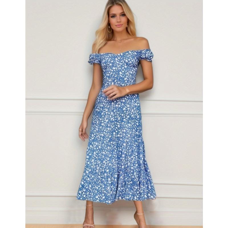 

Европейское и американское осеннее платье 2024 года. Сексуальное длинное платье с открытыми плечами и принтом. XXXL синий