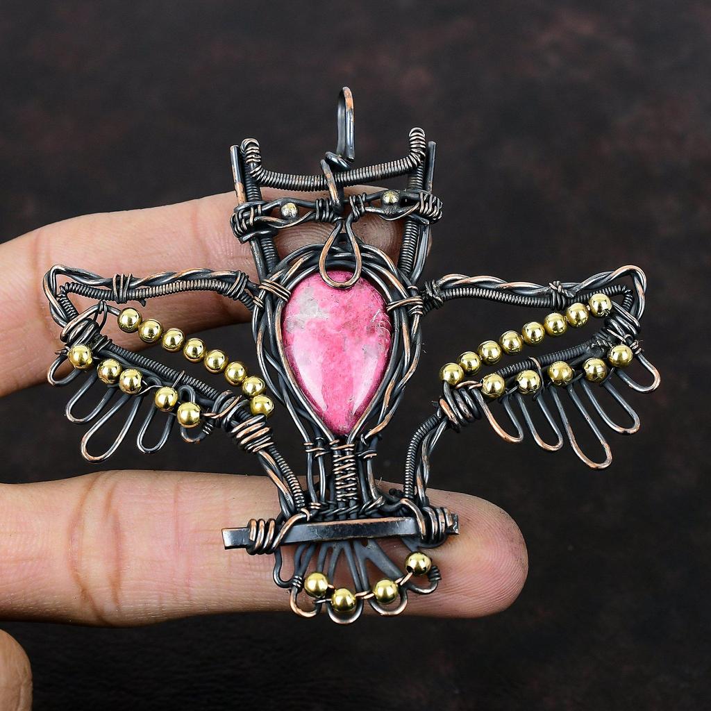 Thulite Pendant Copper Wire Wrapped Pendant Handmade Copper Jewelry Owl Design Pendant Natural Thulite Jewelry Gemstone Pendant Gift For Mom
