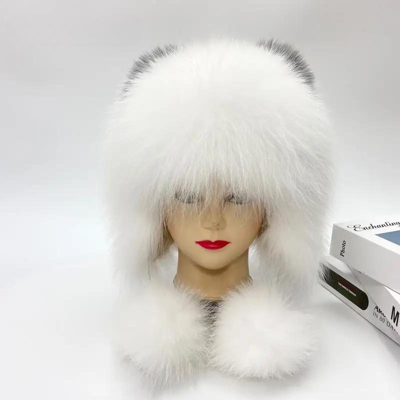 Winter Hat Woman Warm Cat Ushanka Balaclava Russian Fox Fur Trapper Women Bomber Hats Luxury Furry Snow Cap Earflap Fox Fur Hat