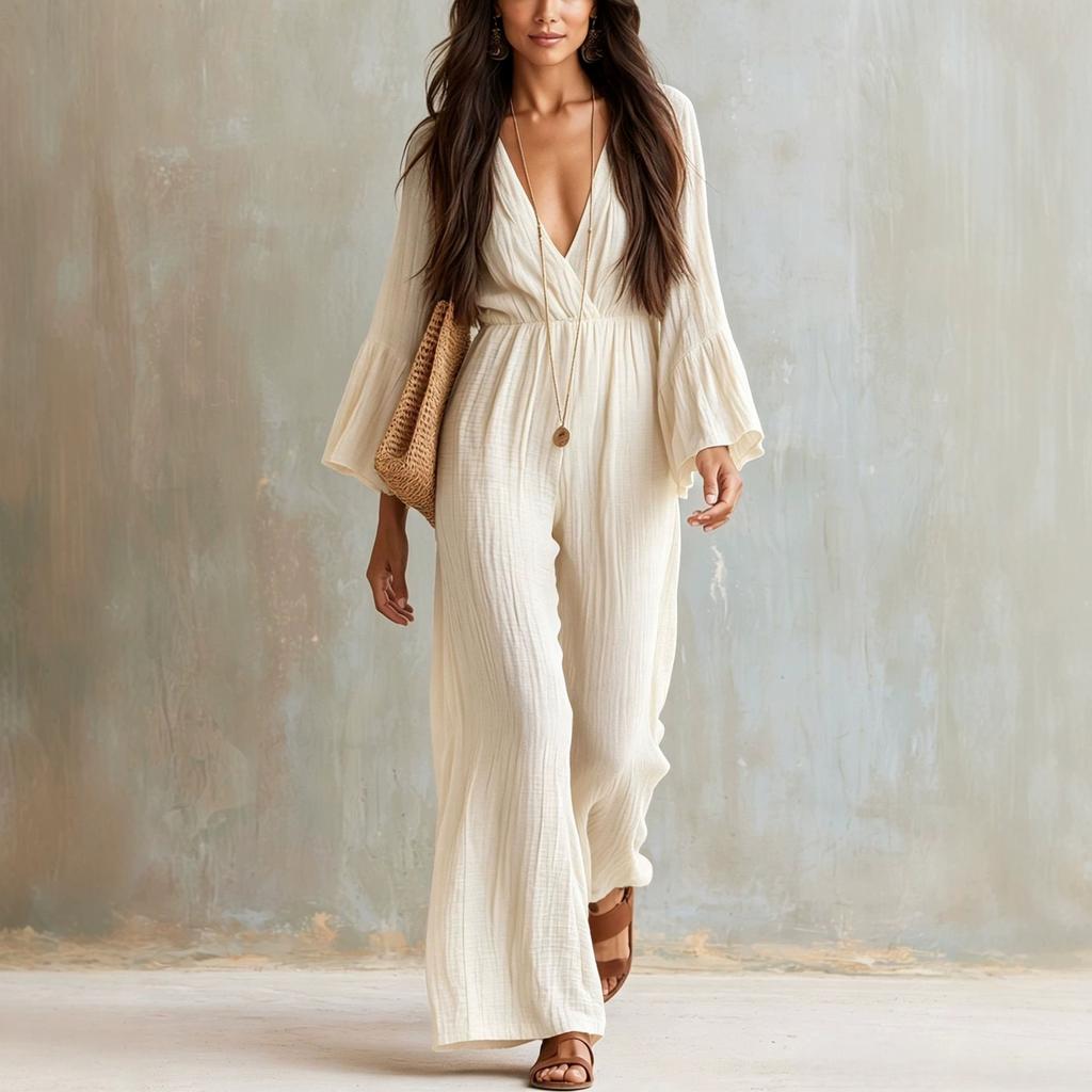 Women's Bohemian V-Neck Long Sleeve Wide Leg Jumpsuit Loose Fit for Casual Everyday Wear