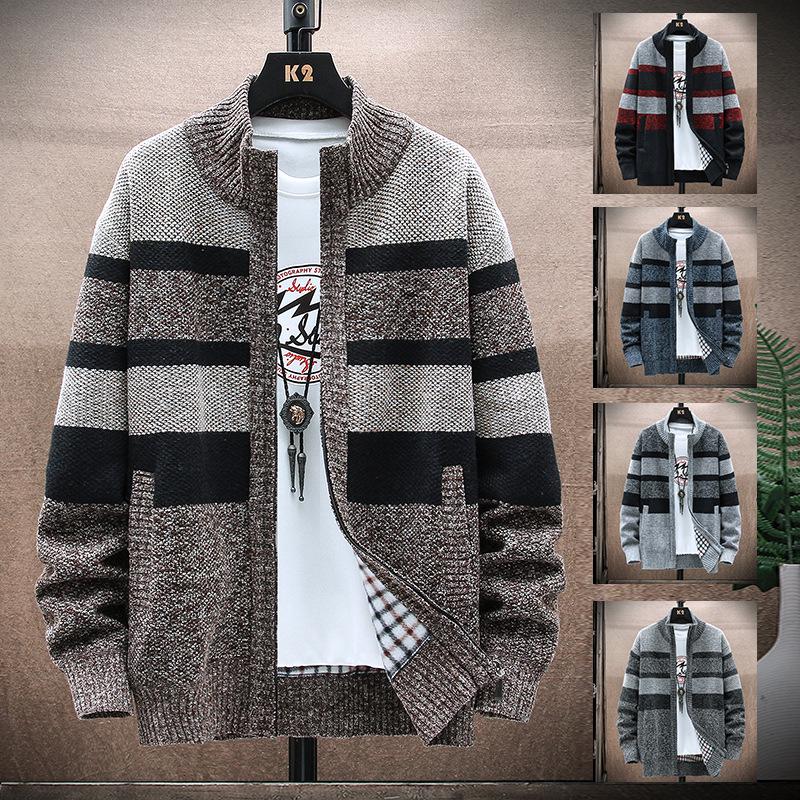 Herren Gestreifter Fleecegefütterter Stehkragen Cardigan - Herbst/Winter Freizeitstrickjacke