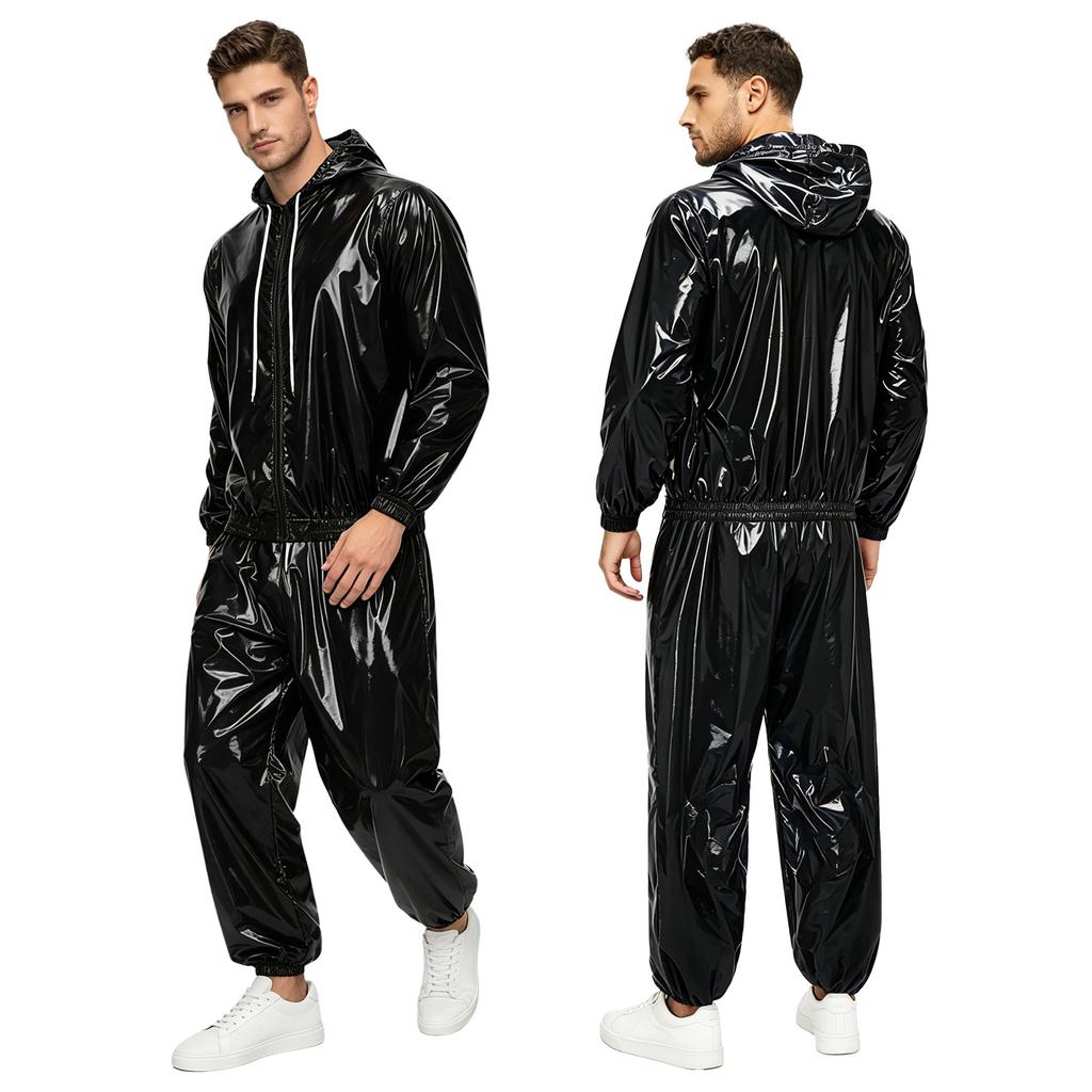 Men Waterproof Hip Hop Dance Outfit Long Sleeve Hooded Jacket with Jogging Pants Raincoat Windbreaker Streetwear Dancewear