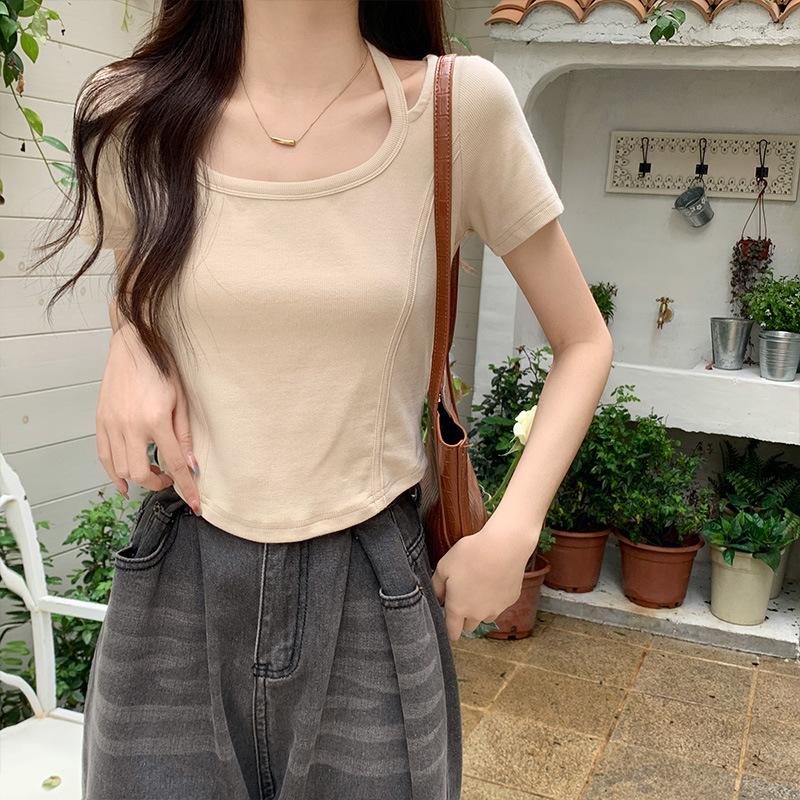 

2024 новый стиль футболка с круглым вырезом халтер с короткими рукавами для женщин лето новый облегающий топ с узором «рыбья кость» XL