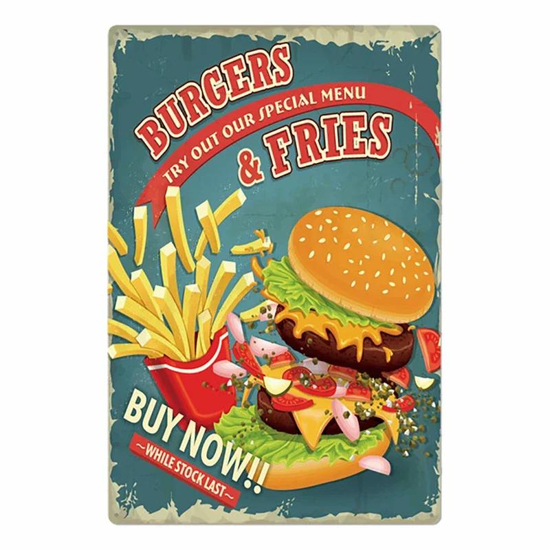 Hamburger Metallschild Plakette Vintage Burger und Pommes Metall Küche Restaurant Laden Wanddeko 8x12 Zoll
