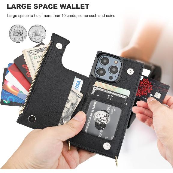 Bocasal Crossbody Wallet Case for iPhone 14 Pro with RFID Blocking Card Slot Holder, Magnetic Flip Folio Purse Case, PU Leather Zipper Handbag with