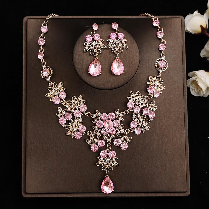 Pink Bridal Crown Three Piece Suit Wedding Crown Tiara Necklace Earrings Korean Super Fairy Wedding Dress Accessories