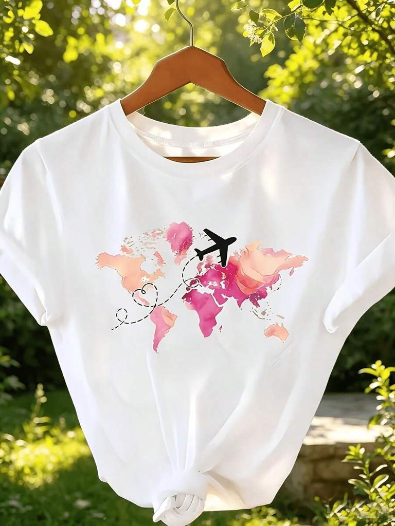 Fun Travel Themed Women Short Sleeve Casual Women Tee Crew Neck Airplane World Map Print Vacation Daily Wear Women Harajuku Top