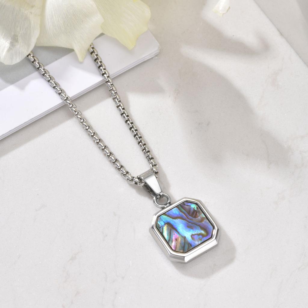 Stainless Steel Rectangle Natural Stone Pendant Necklaces, Minimalist Dainty Chain Necklace, Luxury Fashion Jewelry For Men Gift