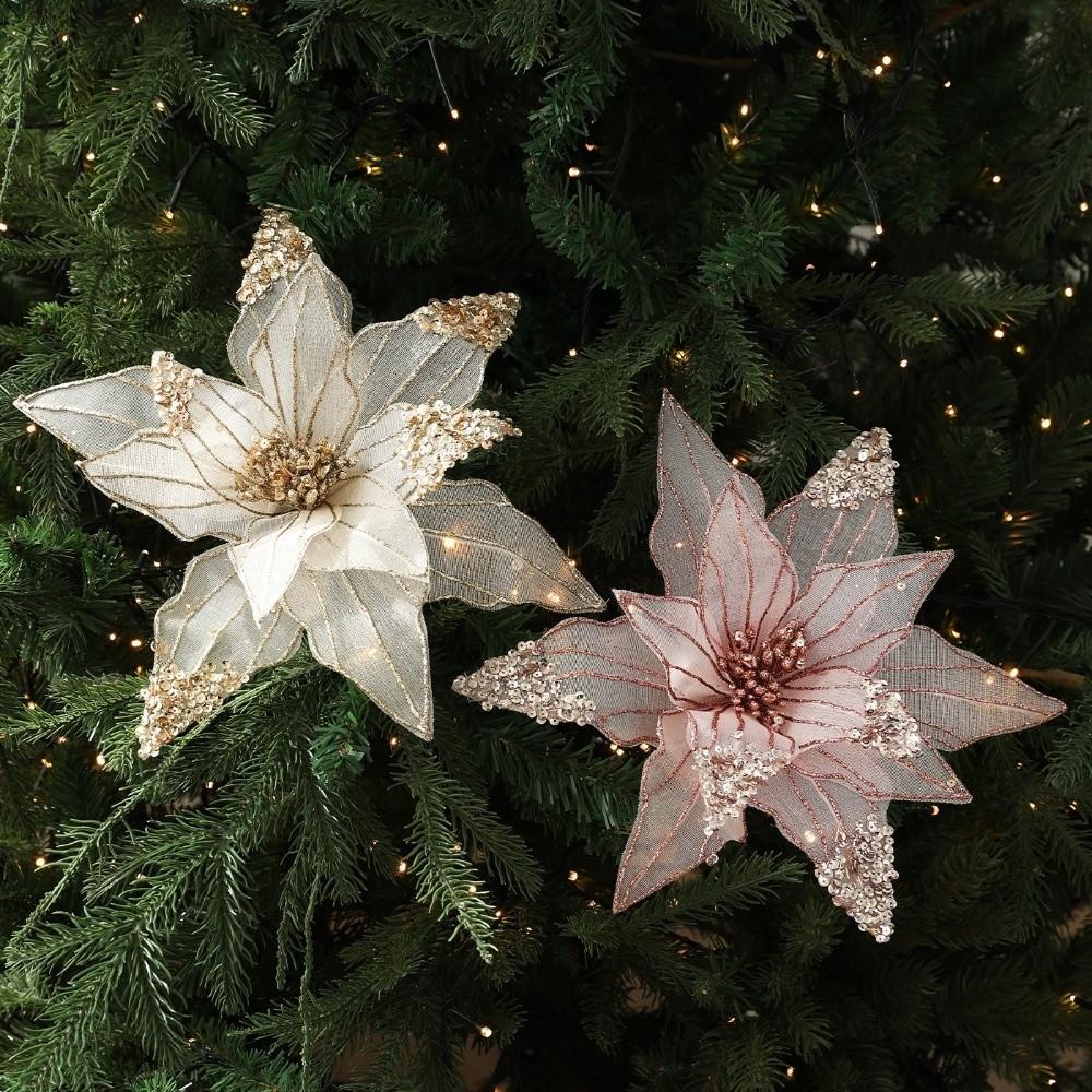 New 31CM Artificial Poinsettia Flower Sequins Glitter Simulation Flowers Sparkling DIY Christmas Flower New Year Festival