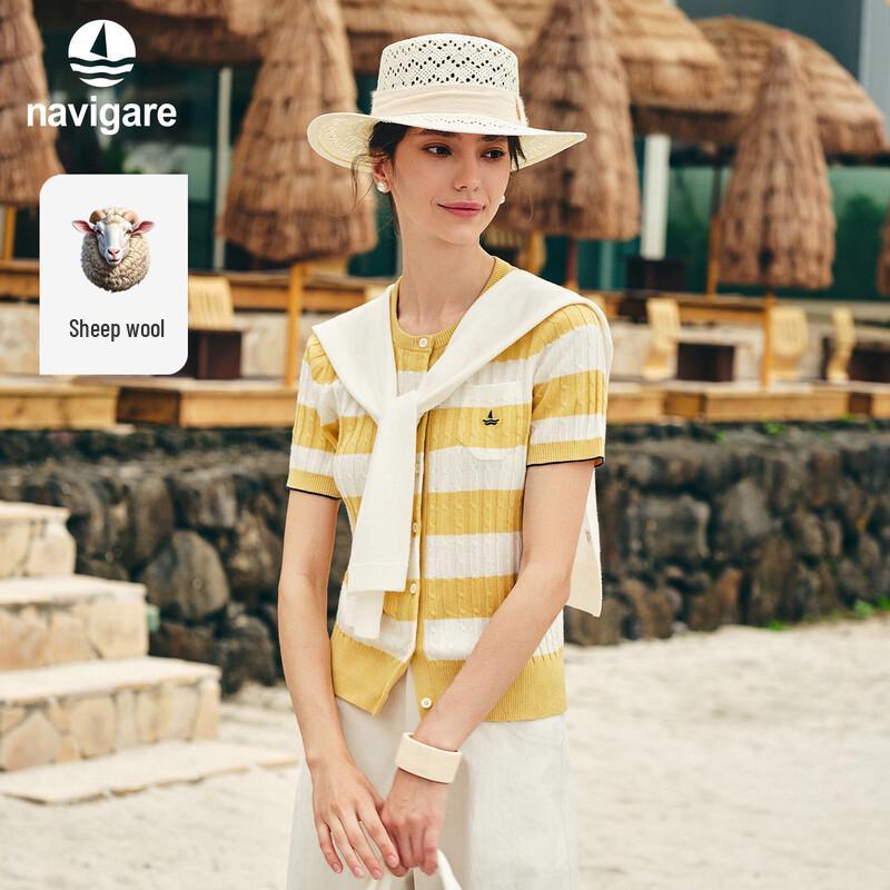 Navigare Women's Striped Short Sleeve Cable Knit Top