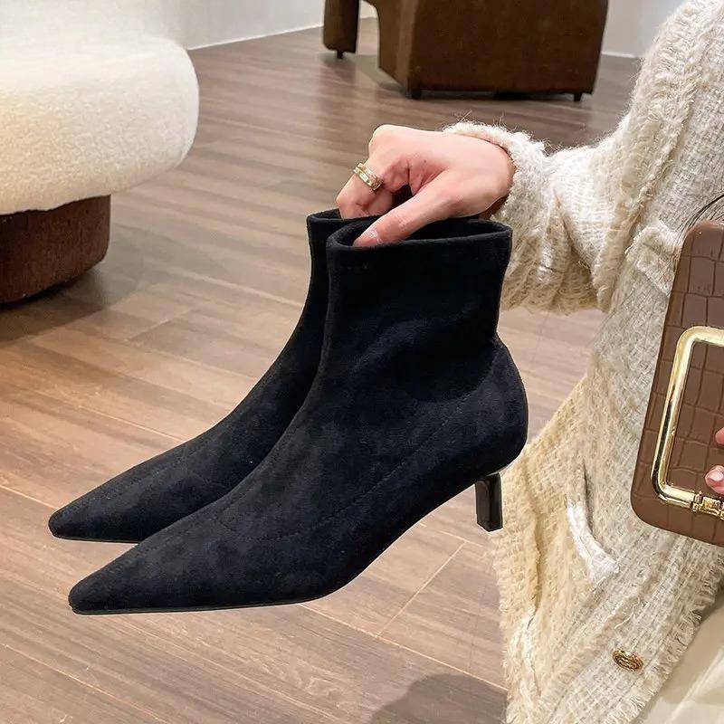 Spring Autumn Suede Women Ankle Boots Fashion Pointed Toe Back Zipper Ladies Elegant Short Booties Thin Low Heel Pumps