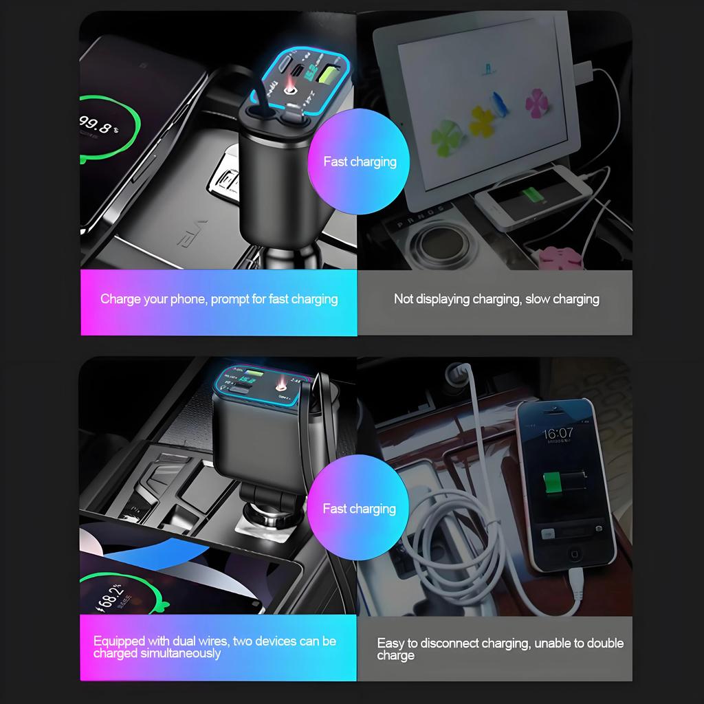 4 In 1 120W Car Charger Voltage Display PD30W Fast Charging with Retractable Cable Roof Starlight For IPhone Xiaomi Samsung