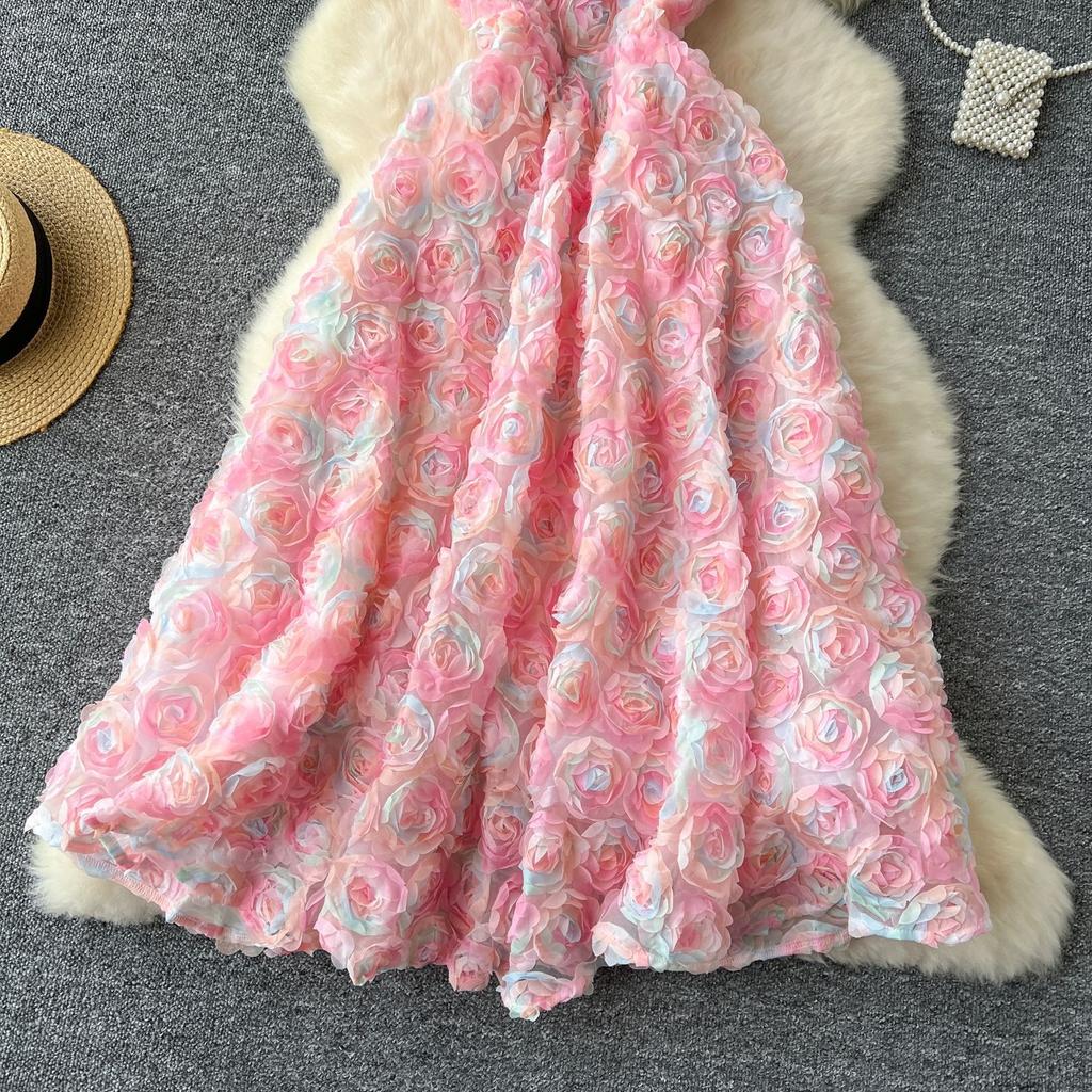 High-end Celebrity Small Dress Women's Dinner Party Dress Heavy Industry Three-dimensional Rose Flower Waist Suspender Dress Women