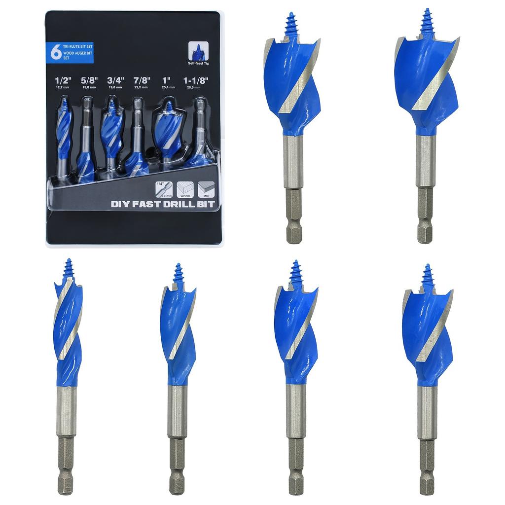 6-Piece Impact Wood Drill Bit,Auger Drill Bit Set for Wood,with Hex Shank Quick Change for Hardwood and Softwood,Plastic,etc