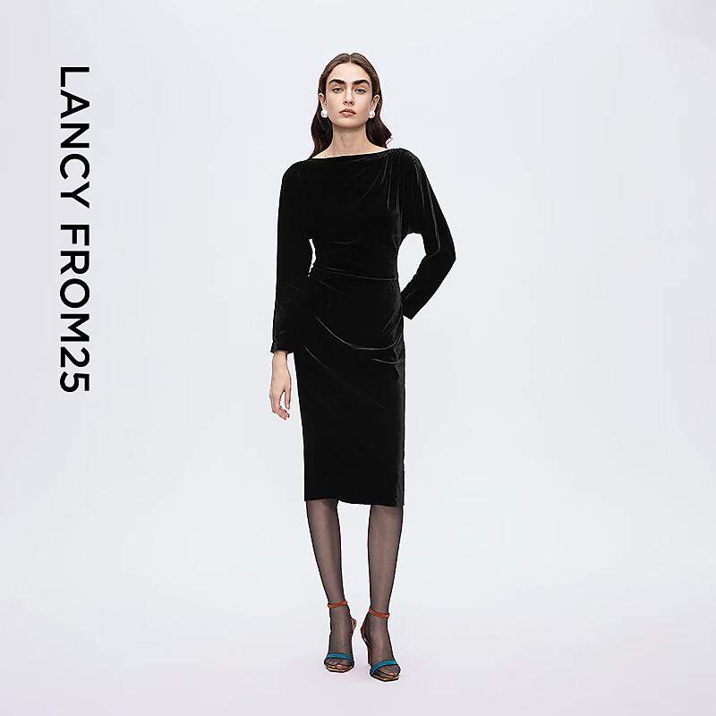 LANCY Velvet Boat Neck Ruched Midi Dress