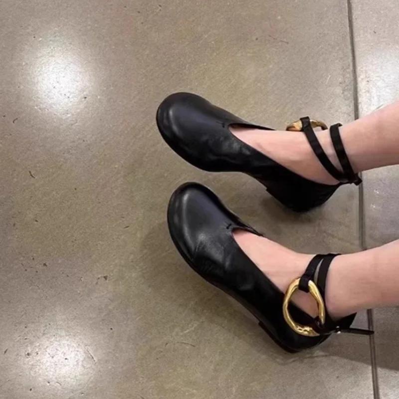 Fashion Luxury Gold Buckle Leather Ballet Flats Woman Elegant Brand Design Ankle Strap Ballerina Shoes Ladies Height Inside Punk Zapatos