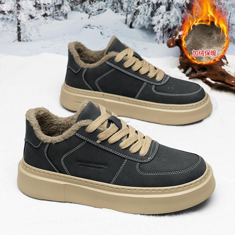 Winter Fleece Board Shoes Microfiber Leather Surface Youth Thick-Soled Fleece Cold-Proof And Warm Sports Cotton Shoes Men'S Shoes