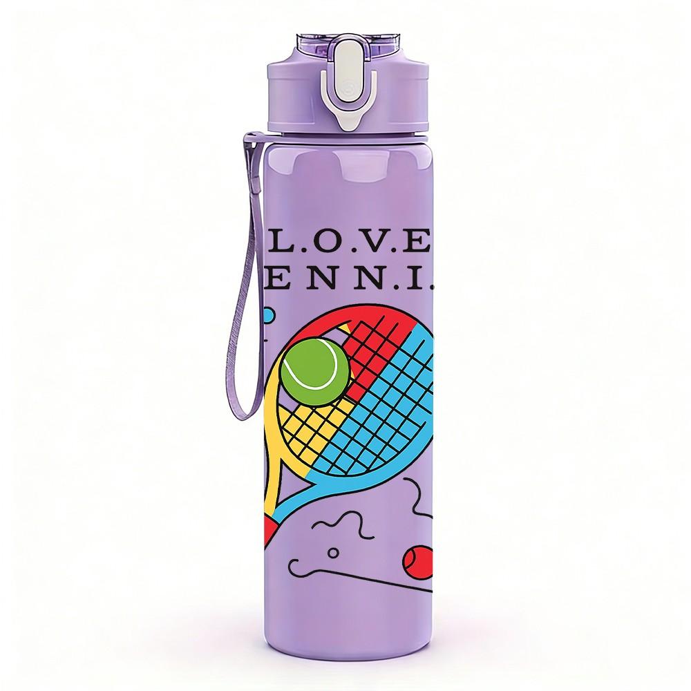 1PC Love Tennis Racket Pattern 750ml Color Plastic Sports Water Bottle Leakproof Flip Straw Lid Suitable for Sports Office Home Use