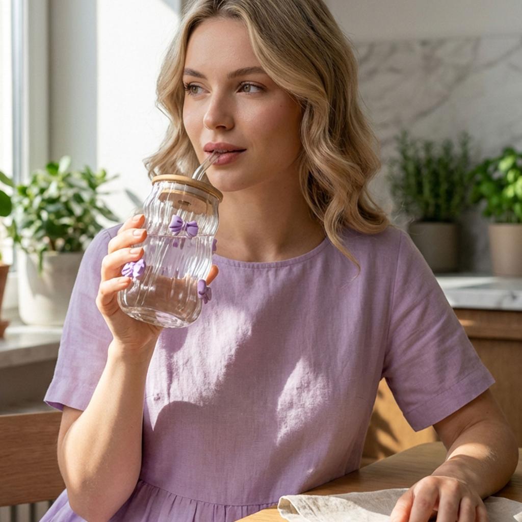 Bowknot Glasses Ribbed Glass Cups With Lids Straws And Bow For Iced Coffee 15oz Ideal Wavy Coffee Cups With Straws Glass Clear Ribbed Glasses