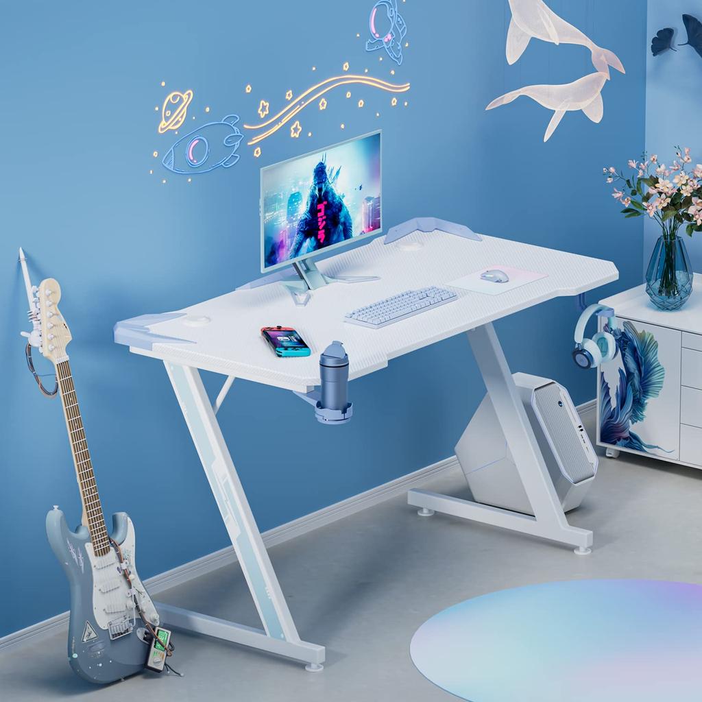Victone Schreibtisch für Gamer Breite 112cm x Tiefe 60cm x Höhe Computertisch PC-Schreibtisch Gaming-Schreibtisch Büroschreibtisch Arbeitstisch Carbonfaser-Oberfläche Becherhalter und