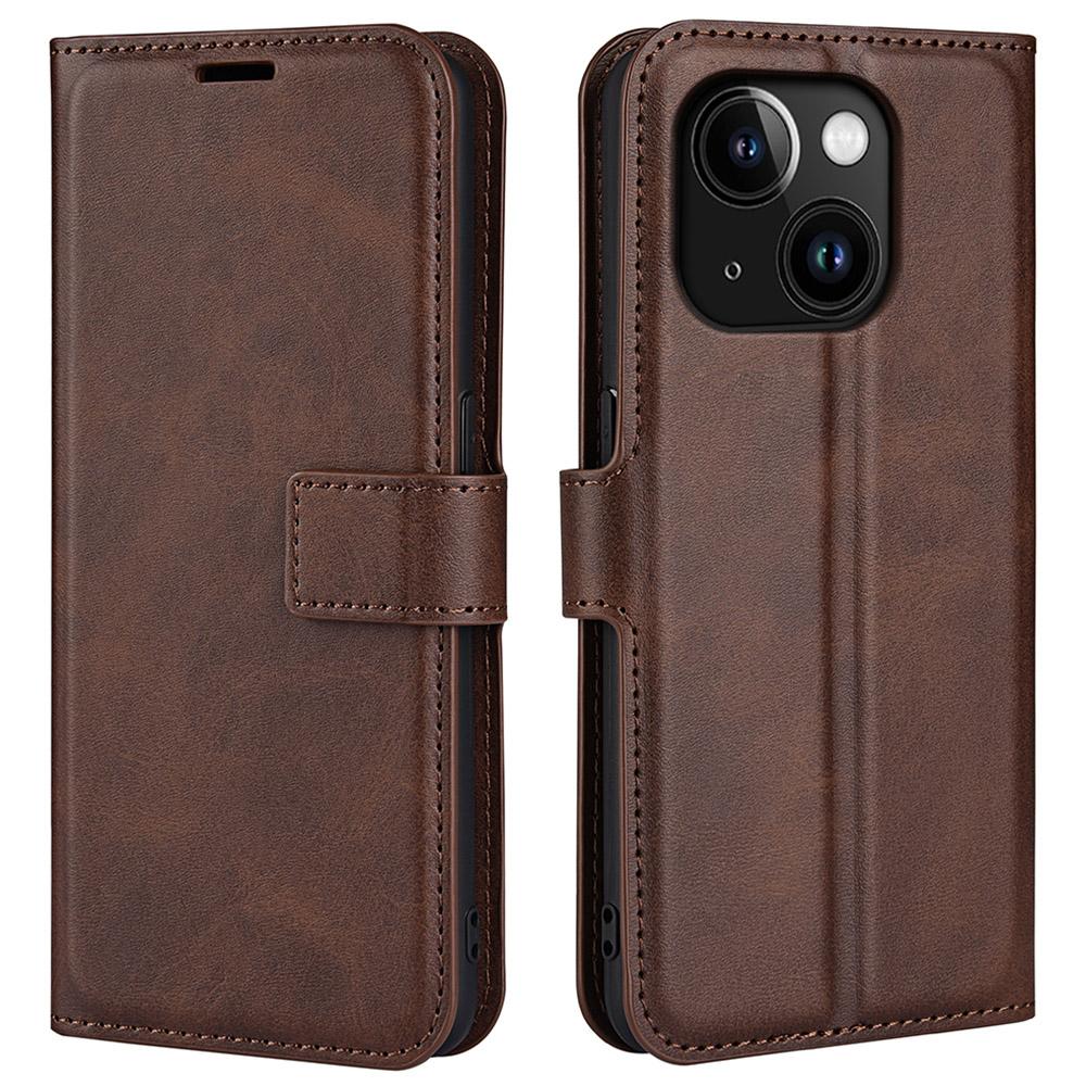 

Calf Texture Leather Cover for iPhone 15 Square Magnetic Closure Stand Wallet Phone Case Brown