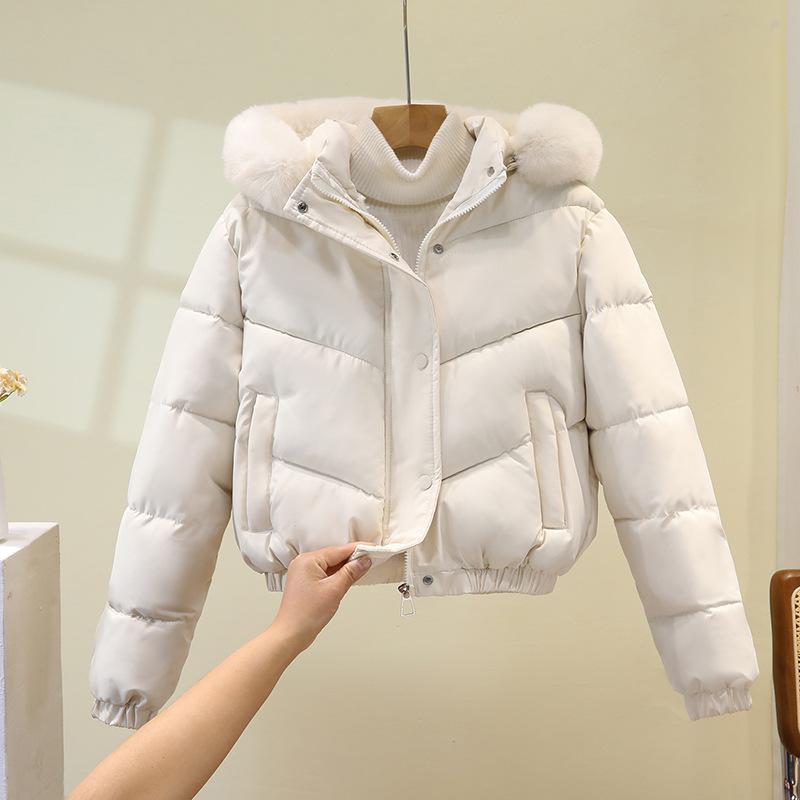 New Winter Cotton Coat for Women, Short, Fashionable, Large Fur Collar, Korean Style Loose Cotton Coat, Thickened Solid Color Hooded Jacket
