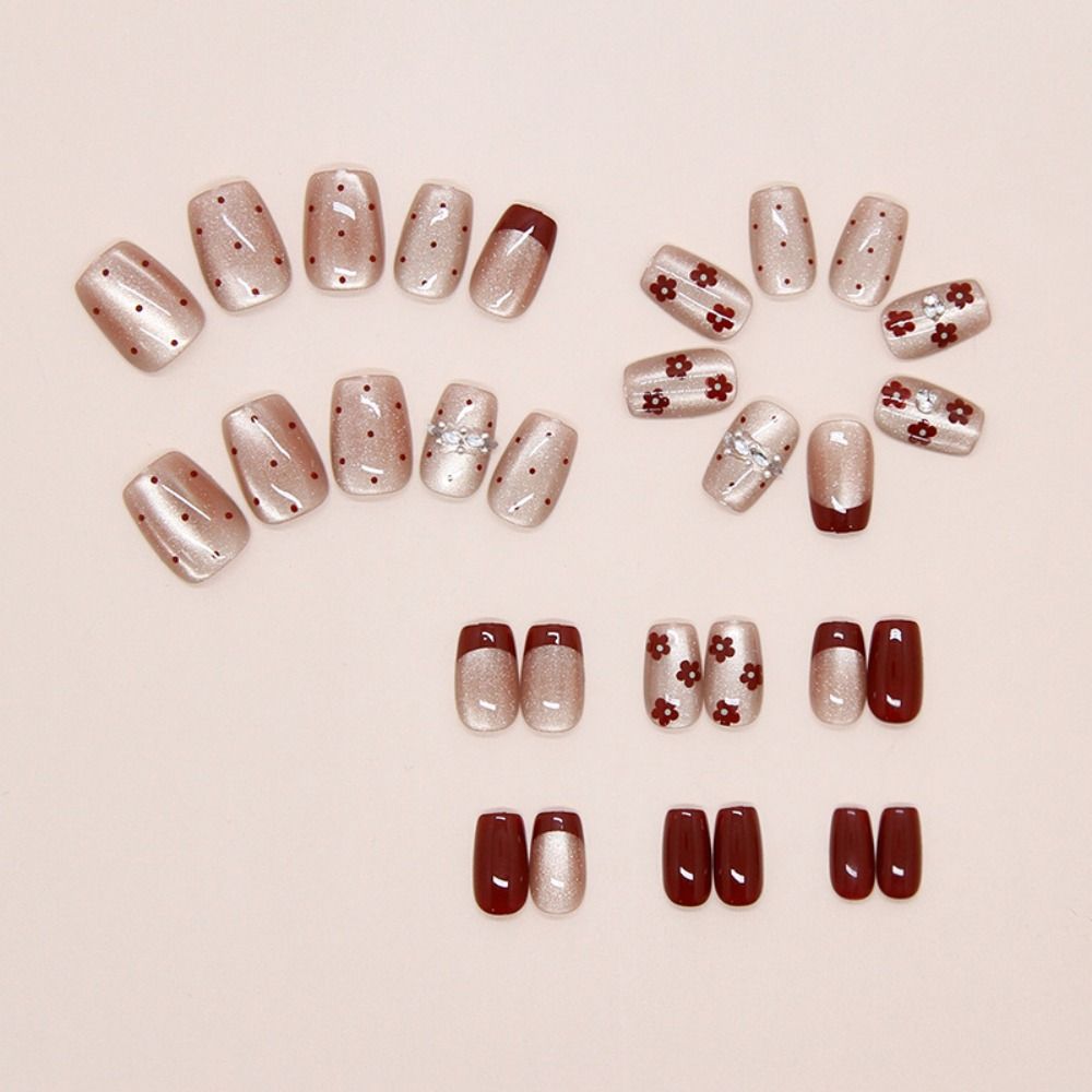 30pcs Long Square and Almond Press On Nails Crystal and Bow Knot Fake Nails False Nails Women