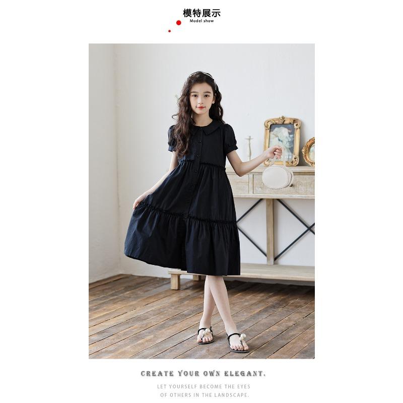 Korean Style Stitched Patchwork Shirt Collar Short Sleeve Big Girls Long Kids Dress