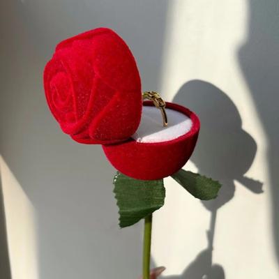 Red Velvet Rose Ring Box with Leaves Simulation Flower Rose To Ring Box Flocking Romantic Flower Wedding Ring Box Gift Box
