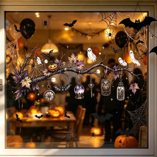 Thickened PVC Halloween Graphics 2 Sheets Window Stickers, Bat Spider Web Static Cling Decals, Festive Party Ornaments Ghost Pumpkin Waterproof