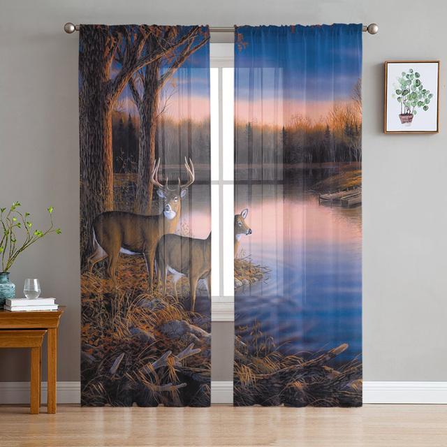 Deer Autumn Winter Forest Modern Sheer Curtains For Living Room Bedroom Tulle Curtains Window Voile Curtain Kitchen Hotel Decor