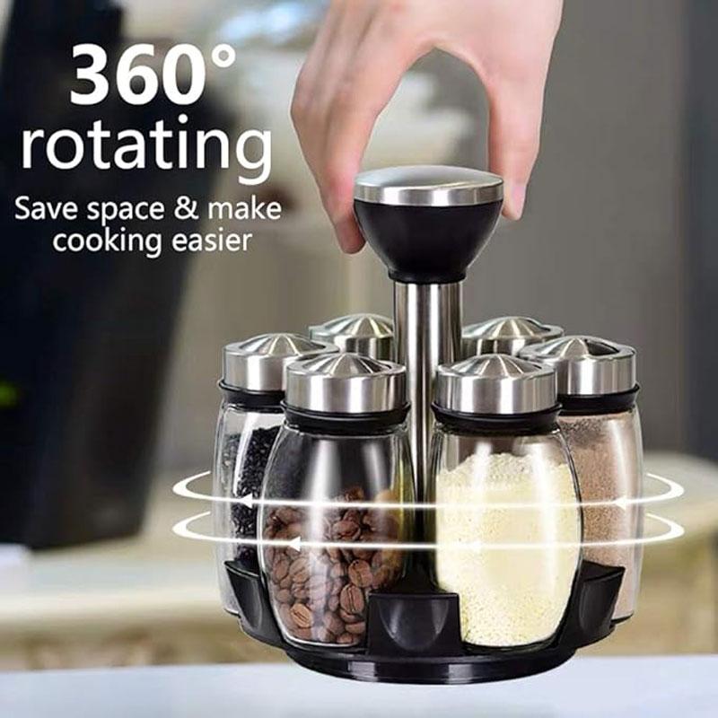 1/7pcs Spice Jar Glass Organizer Rotating Glass Seasoning Sugar Pepper Bottle Frame Salt Shakers Holder Kitchen Storage Rack