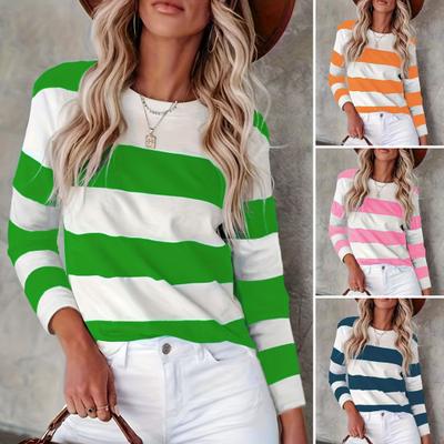 Damskie Swetry Kolorowe Bloki Paski Okrągły Dekolt Długi Rękaw Bluza Casualowa Bluzka