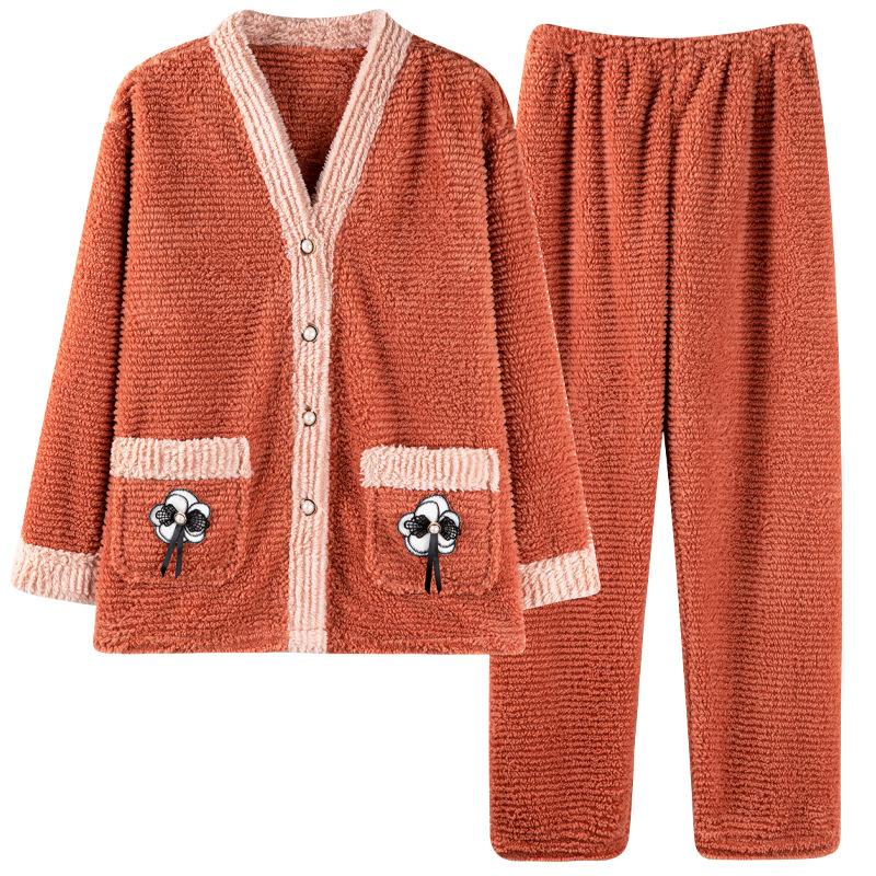 Pajamas Women'S Winter Coral Fleece Thickened Fleece Autumn And Winter Flannel Large Size Loungewear Set
