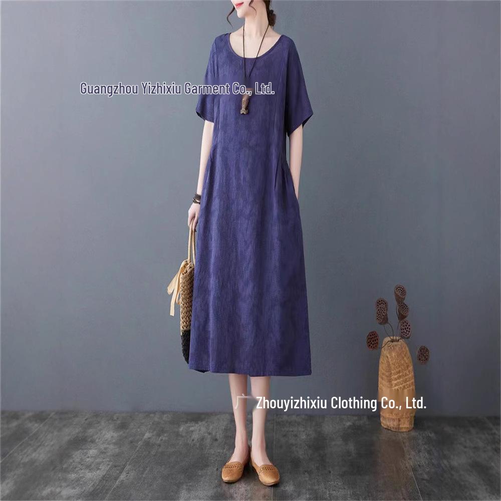 2025 Retro Women's Jacquard Pocket Dress - Slimming Cotton Linen