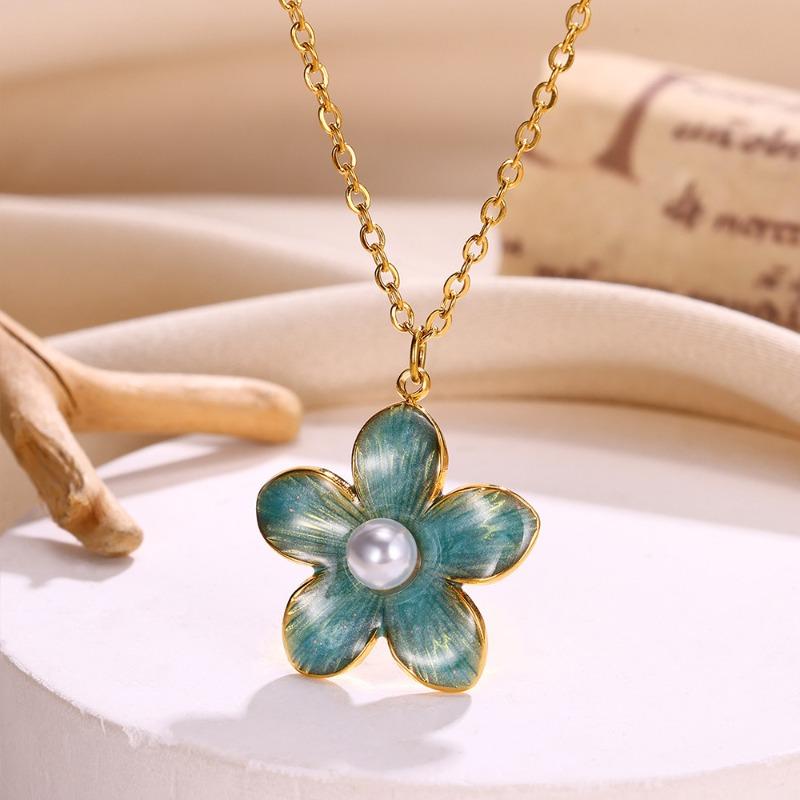 Small Fresh Titanium Steel Non-fading Dripping Pearl Pendant Colored Flower Necklace Sweet Cool Style Jewelry
