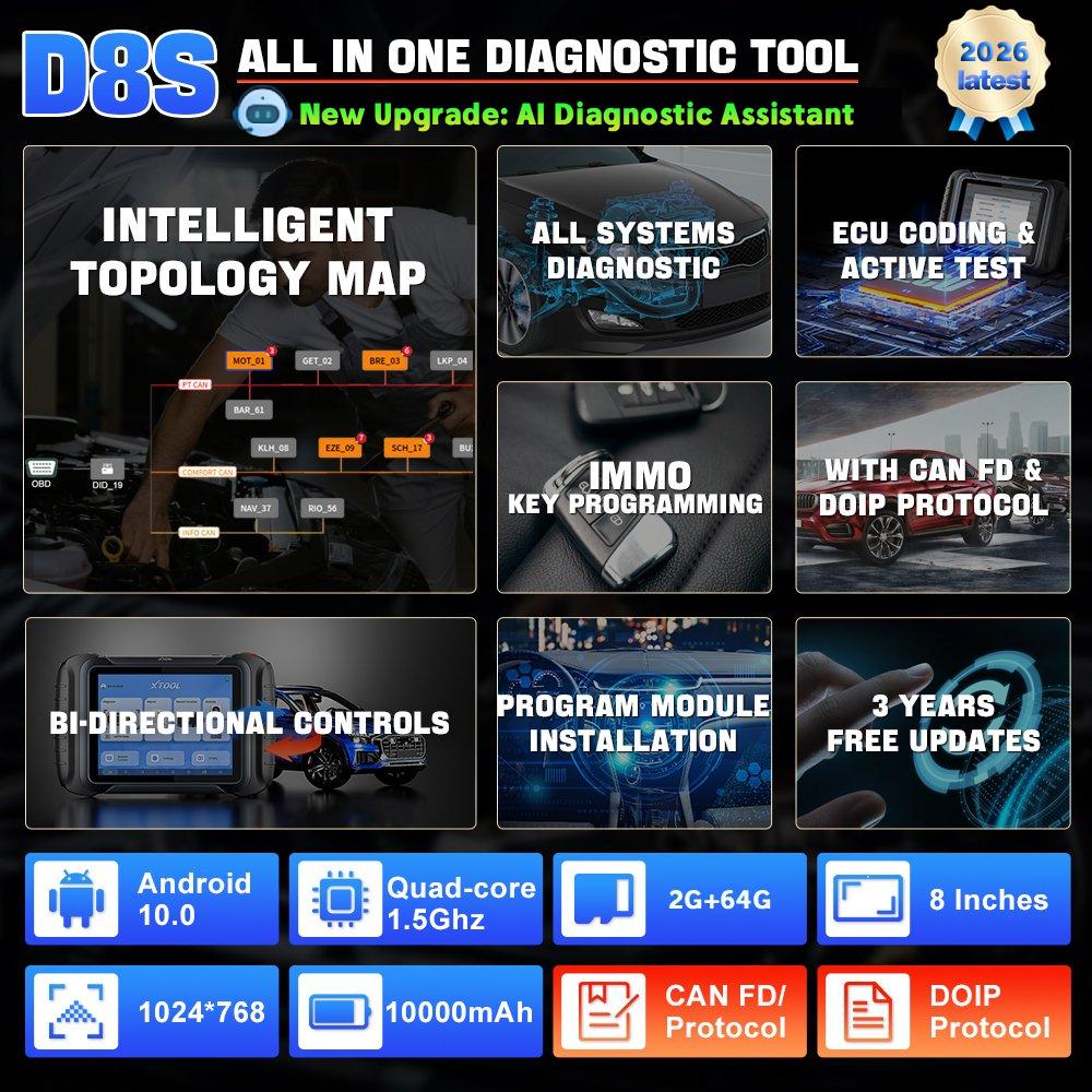 EU Stock XTOOL D8S EU Ver. All in One Car Programming Tool Car Diagnostic Machine Automotive Locksmith Tool Full System Scanner