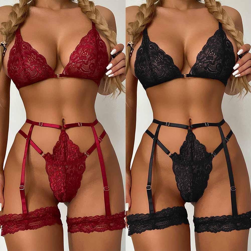 Wine Red Women Lingerie Set Black Garter Belt Lace Bra
