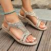 2025 Summer Flat Bottom Large Size Bohemian Rhinestone Flowers Elastic Fish Mouth Sandals Women 2025