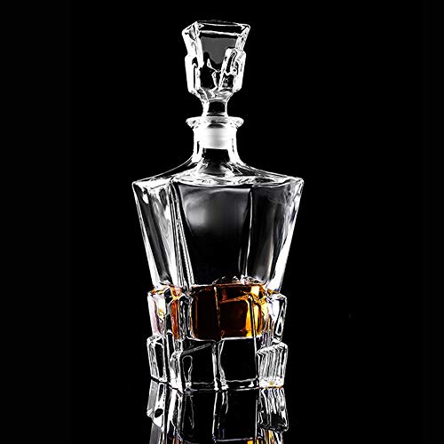Glass Decanter with Airtight Geometric Stopper - Whiskey Decanter for Wine, Bourbon, Brandy, Spirits, Juice, Water, and Mouthwash - Italian Lead-Free
