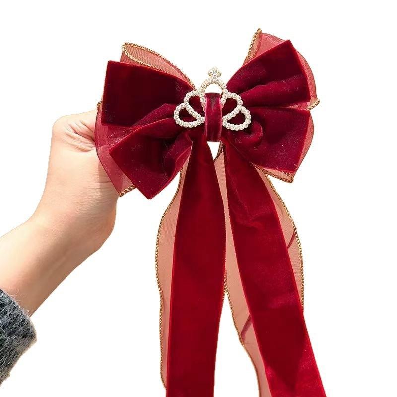 Wine Red Bow Ribbon Hair Clip Cute Barrettes Clip Ribbon Bow Velvet Hairpin Hair Accessories Princess Headdress Year Gift