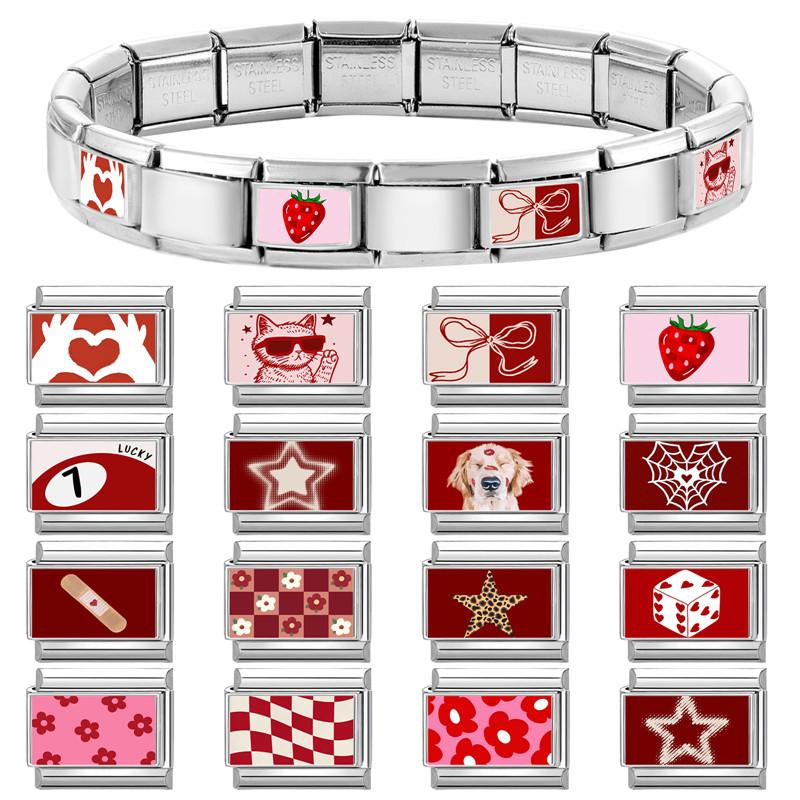 Red Pink Heart Dog Cat Flowers Italian Charm Link fit 9mm Stainless Steel Jewelry DIY Making Bracelets For Gifts
