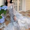 French Super Fairy Smudged Mist Square Collar Floral Dress Women's Gentle Wind Temperament Butterfly Ruffle Edge Skirt