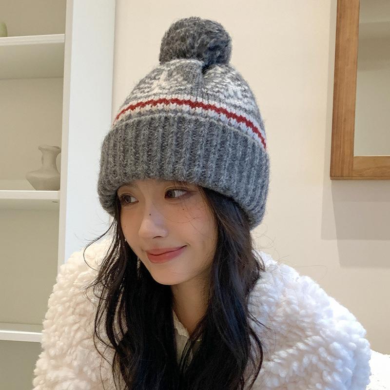 Retro Fair Isle Style Woolen Hat for Women Winter Thickened Warm Knitted Hat Japanese Style Christmas Ear Protection Pullover Cold Hat