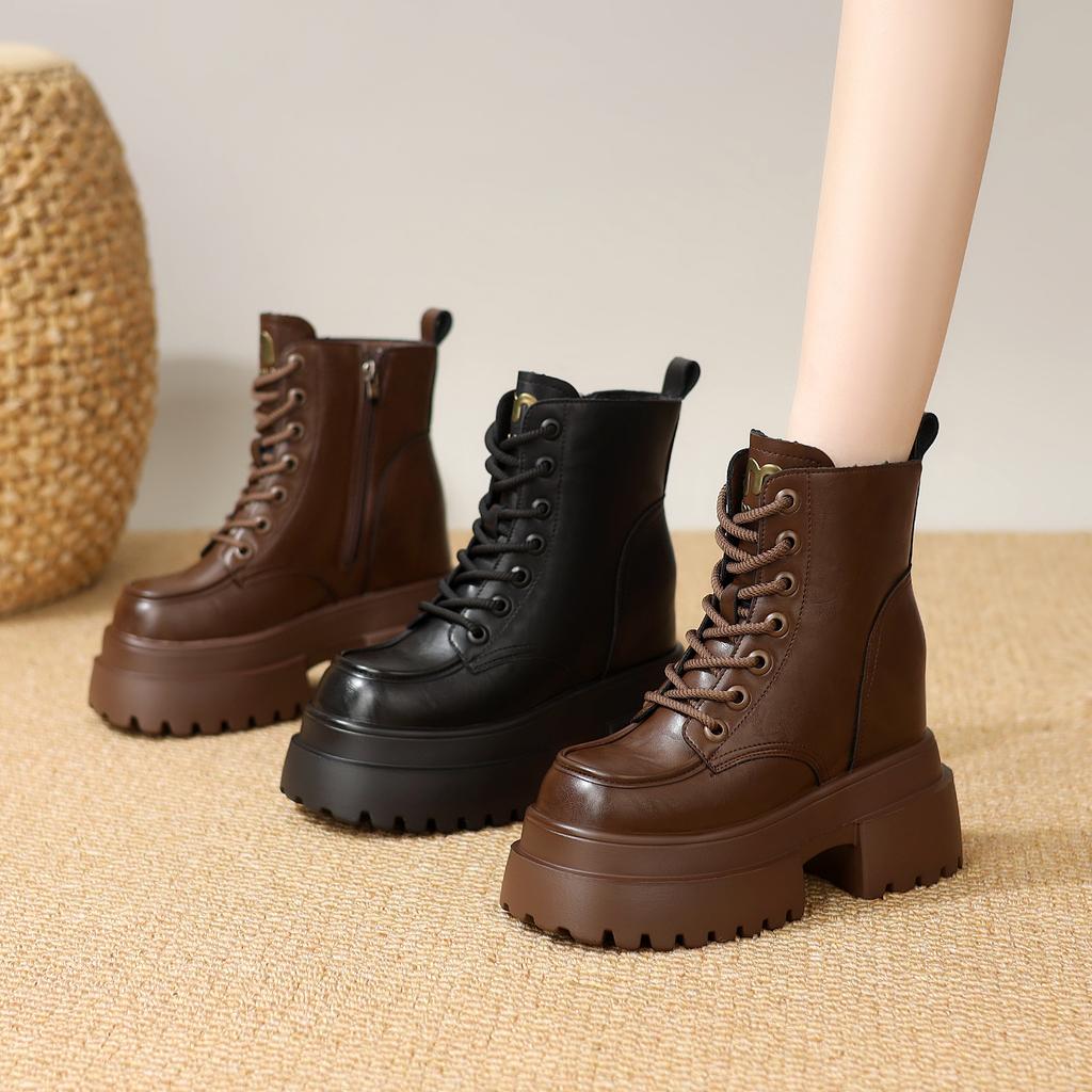 Thick-soled velvet Martin boots women's winter short boots black brown leather boots heightening non-slip women's snow boots