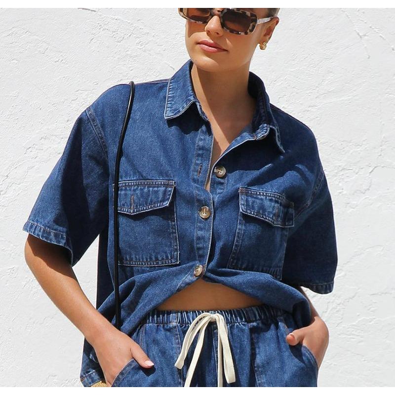 Women's Denim Shirt and Shorts Two Piece Set Short Sleeve Loose Casual Spring Summer Outfit