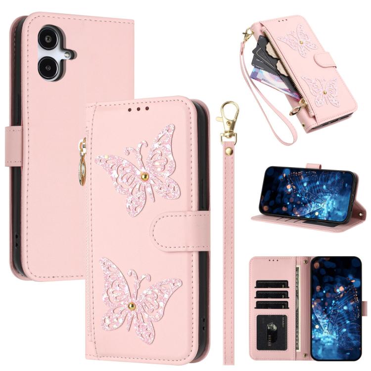 Glitzer Schmetterling Reißverschluss Veganes Leder Handyhülle Für Galaxy A07 4G / A06 5G / A06 4G, Kartenhalter Handgelenkschlaufe Stoßfeste Hülle