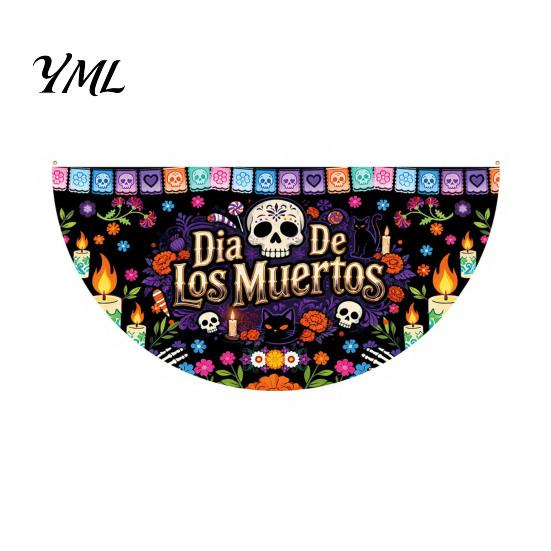 Durable Polyester Bunting Day of The Dead Skull Banner, Marigold Print Fiesta Decorative Wall Hanging Flag, Colorful Sugar Outdoor Yard Party